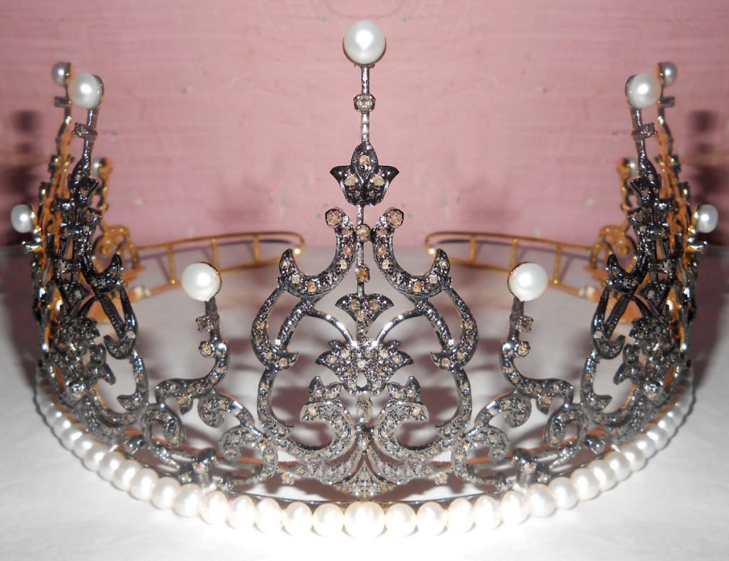 Princess Tiara 64.4 Carat Rose Cut Diamond & Pearl 82.65 Gms 925 Sterling Silver