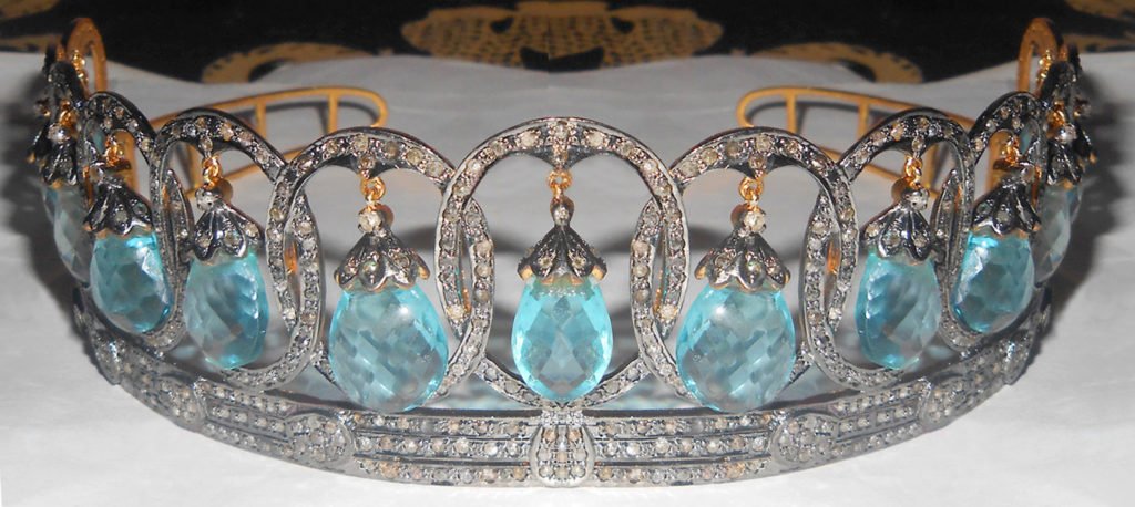 Queen Crown 66.8 Carat Rose Cut Diamond & Blue Topaz 80.5 Gms 925 Sterling Silver