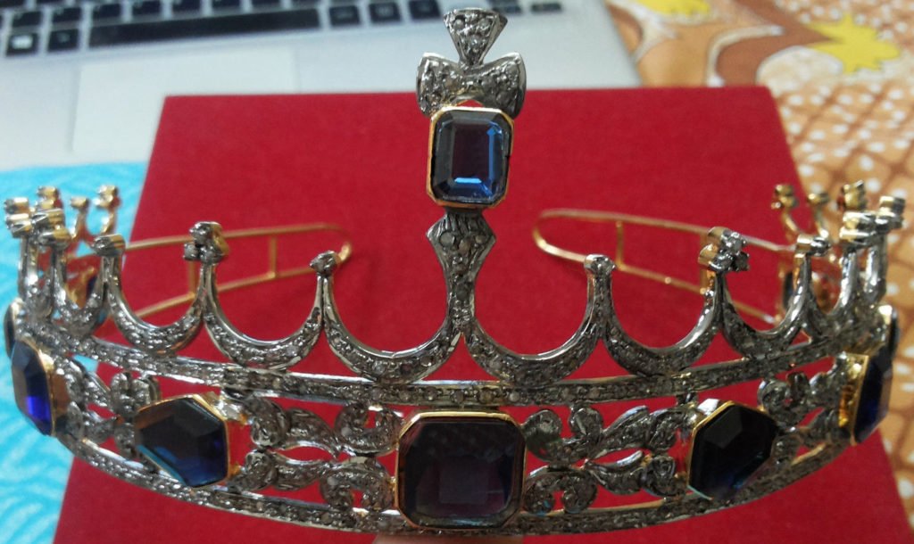 Bridal Crown 40 Carat Rose Cut Diamond & Blue Sapphire 35.75 Gms 925 Sterling Silver