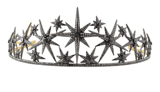 Princess Tiara 24 Carat Rose Cut Diamond & Black Stone 54 Gms 925 Sterling Silver
