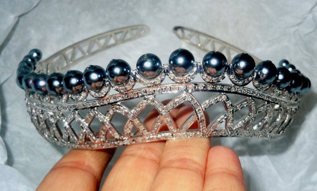 bridal tiara 62 Carat Rose Cut Diamond & Pearl 60.3 Gms 925 Sterling Silver