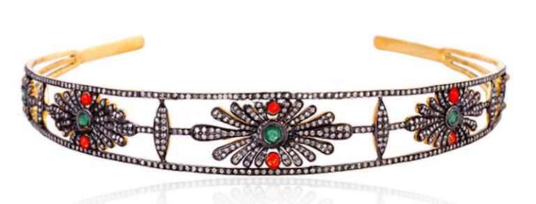 Antique Headband 15 Carat Rose Cut Diamond & Emerald, Ruby 47.67 Gms 925 Sterling Silver