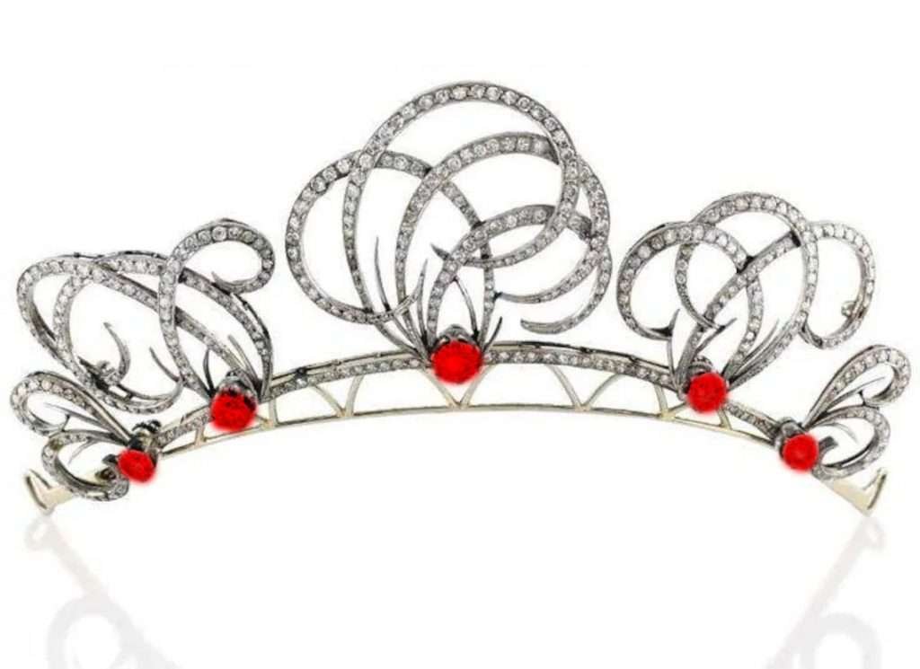 Princess Tiara 20.12 Carat Rose Cut Diamond & Ruby 79.6 Gms 925 Sterling Silver