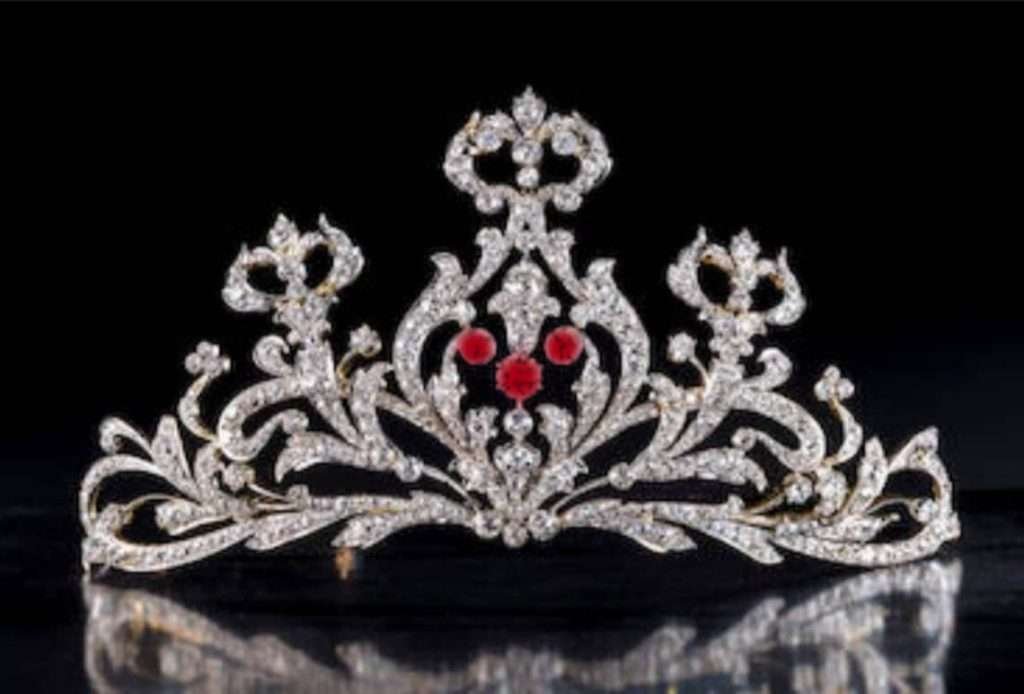 Art Deco Crown 12.95 Carat Rose Cut Diamond & Ruby 67.55 Gms 925 Sterling Silver