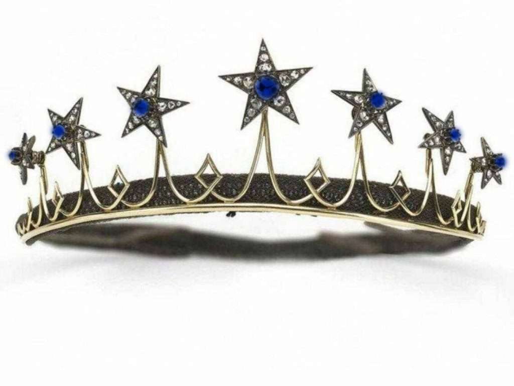Art Deco Crown 20.12 Carat Rose Cut Diamond & Blue Sapphire 49.6 Gms 925 Sterling Silver