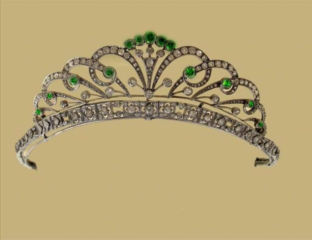 Princess Tiara 35.9 Carat Rose Cut Diamond & Emerald 90.5 Gms 925 Sterling Silver